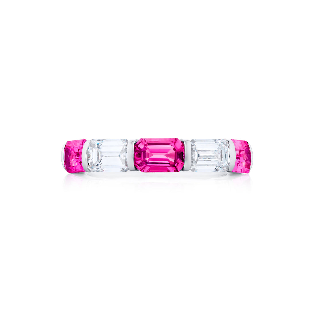 Platinum Emerald-Cut Pink Sapphire and Diamond Bar Set East-West Band