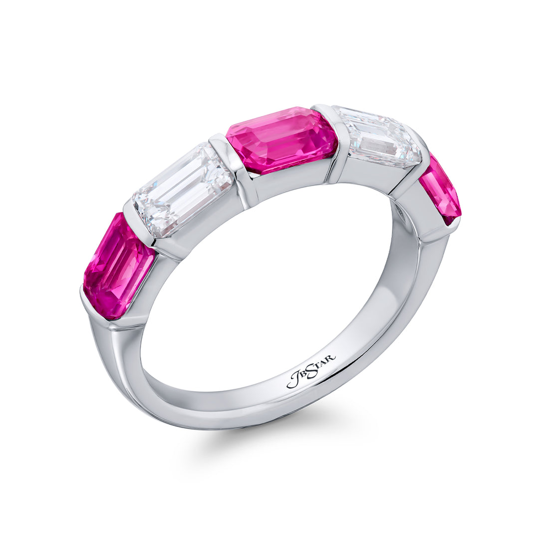 Platinum Emerald-Cut Pink Sapphire and Diamond Bar Set East-West Band