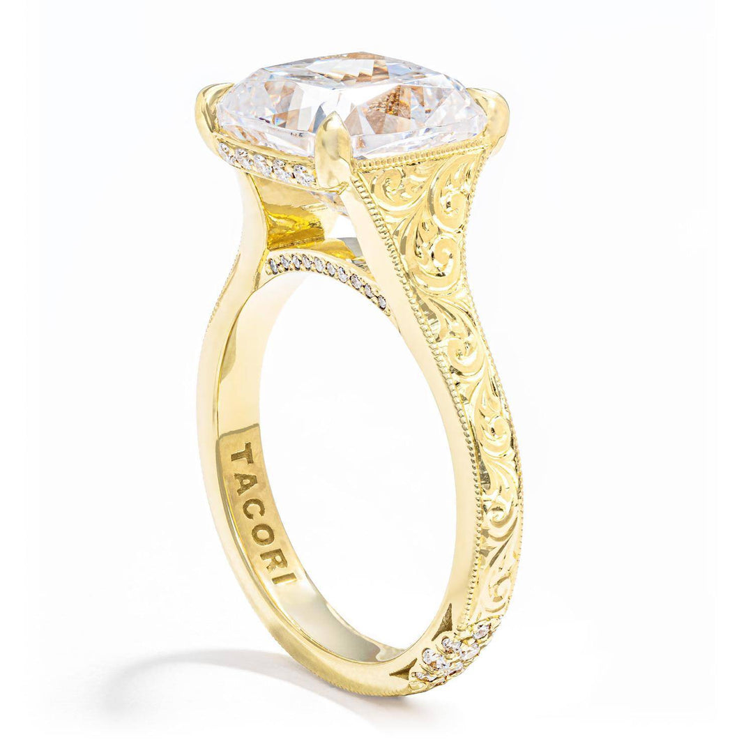 Hand Engraved Wide Band Cushion Solitaire Engagement Ring