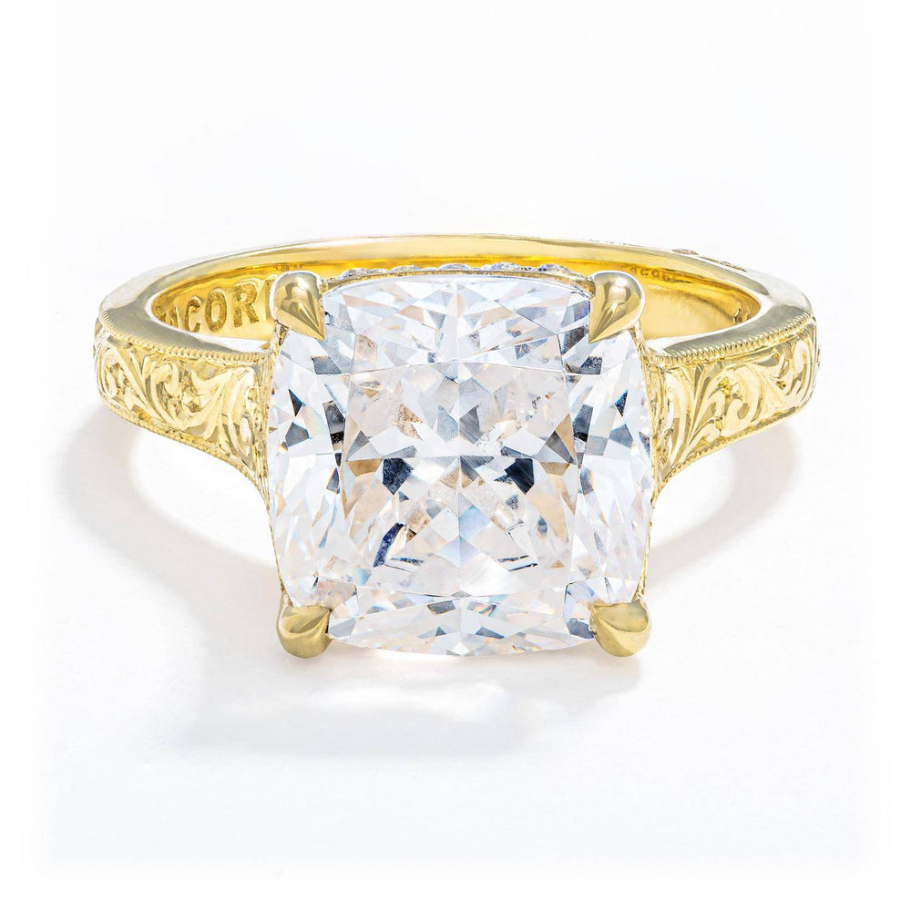 Hand Engraved Wide Band Cushion Solitaire Engagement Ring
