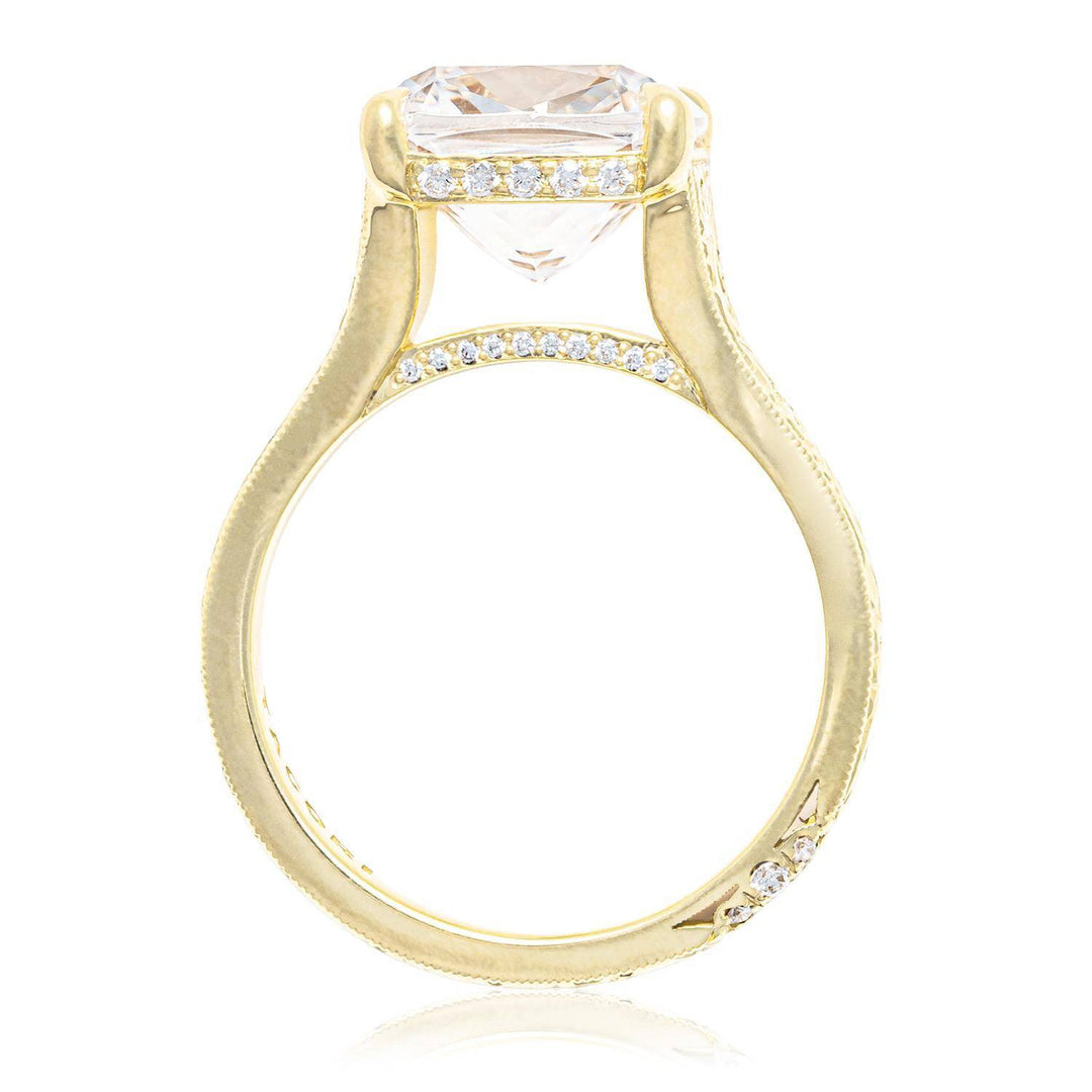 Hand Engraved Wide Band Cushion Solitaire Engagement Ring