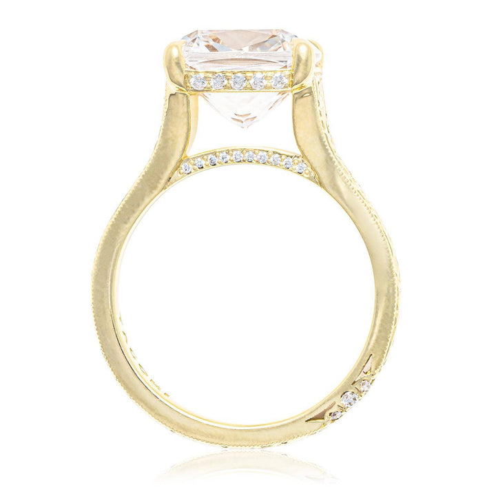 Hand Engraved Wide Band Cushion Solitaire Engagement Ring