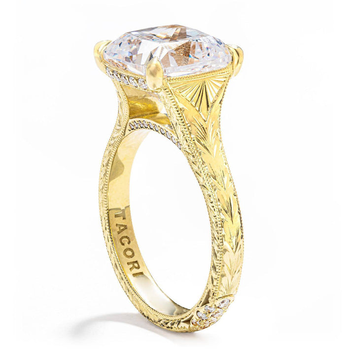 Hand Engraved Wide Band Cushion Solitaire Engagement Ring