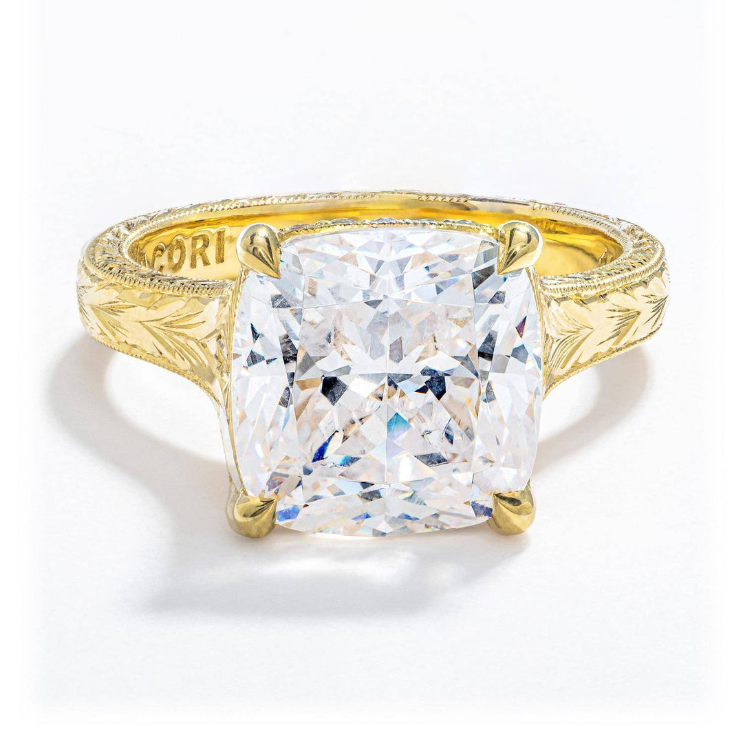 Hand Engraved Wide Band Cushion Solitaire Engagement Ring