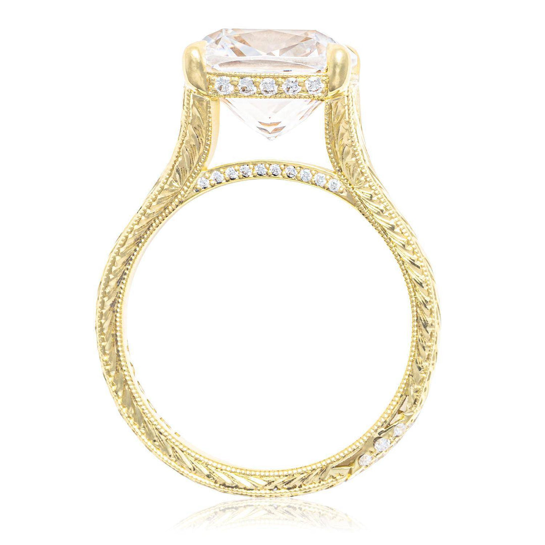Hand Engraved Wide Band Cushion Solitaire Engagement Ring