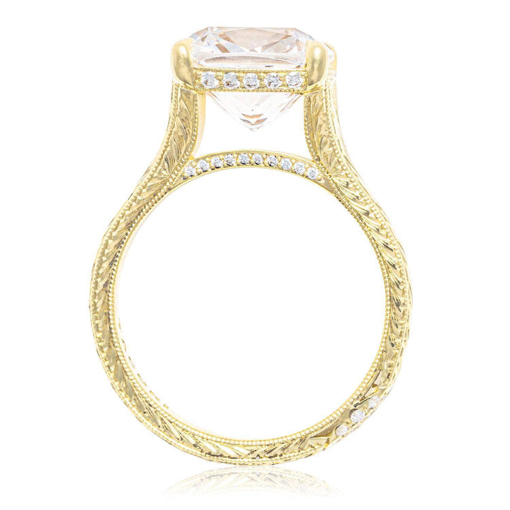 Hand Engraved Wide Band Cushion Solitaire Engagement Ring