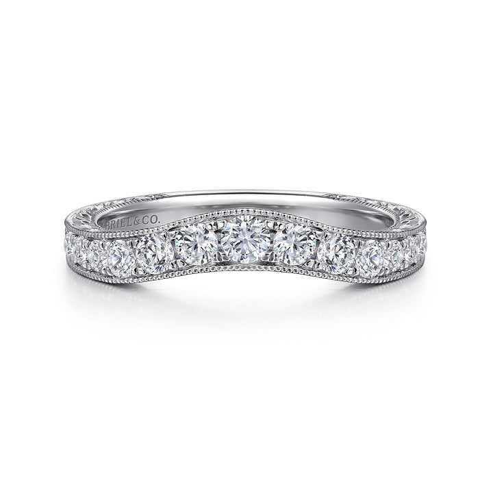 Gabriel & Co. AN10961W44JJ Vintage Inspired 14K White Gold Curved Channel Set Diamond Wedding Band with Engraving