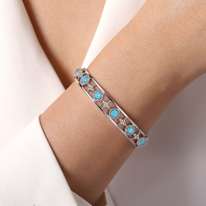 Gabriel & Co. BG4591 65SVJXT Sterling Silver Rock Crystal and Turquoise Station Bangle