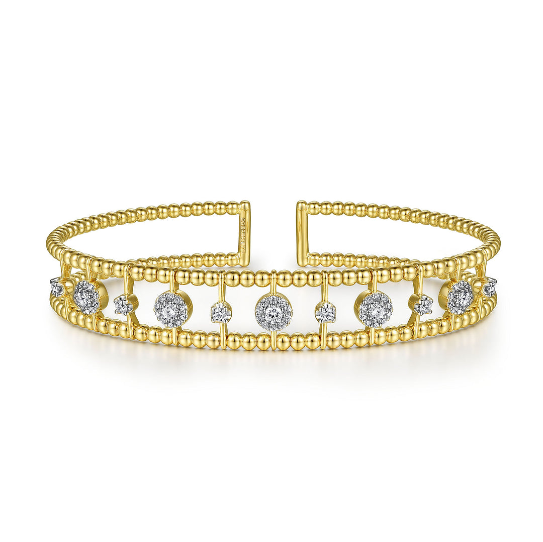 Gabriel & Co. BG4613 62Y45JJ 14K Yellow Gold Bujukan Bead Cuff Bracelet with Diamond Cluster and Bezel Connectors