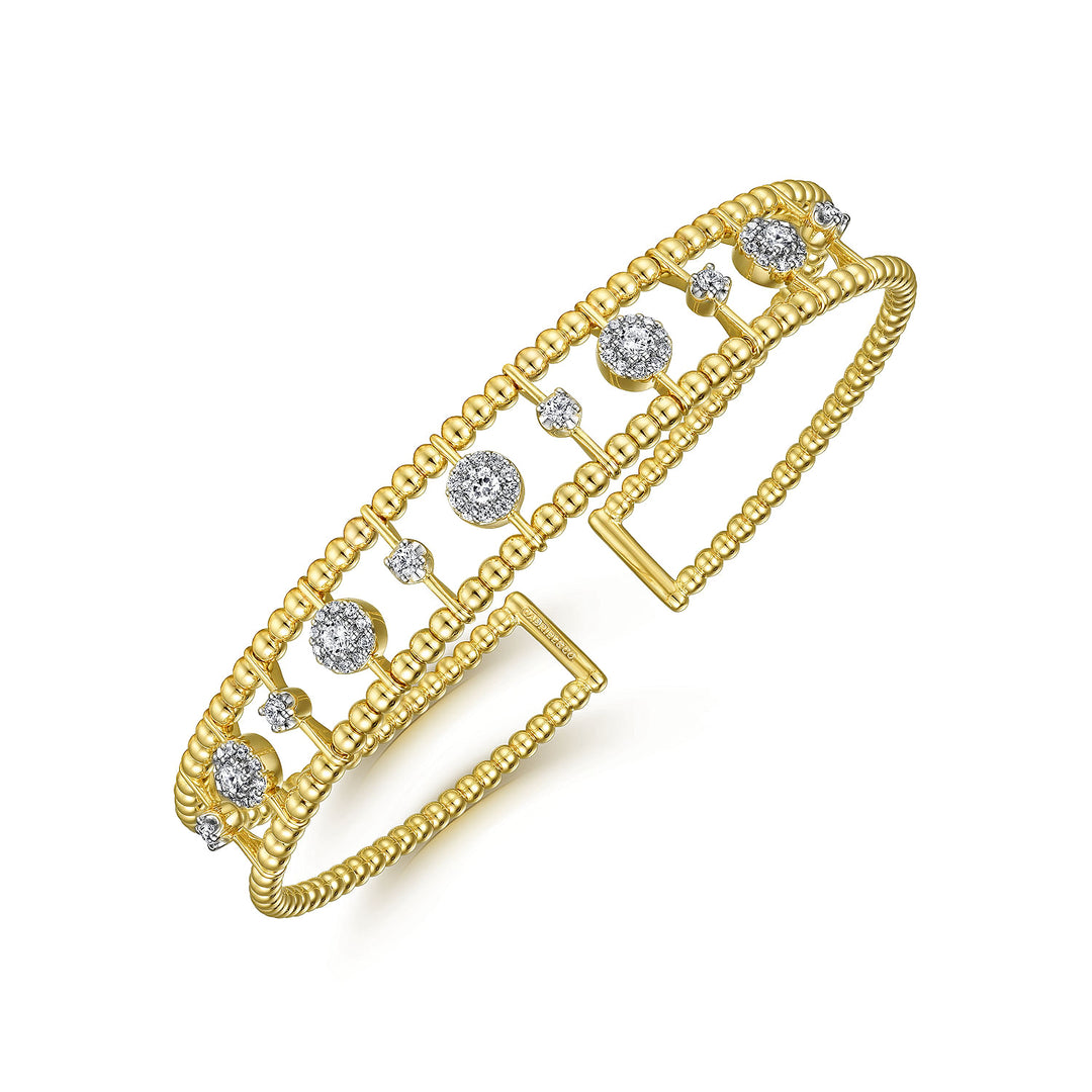 Gabriel & Co. BG4613 62Y45JJ 14K Yellow Gold Bujukan Bead Cuff Bracelet with Diamond Cluster and Bezel Connectors