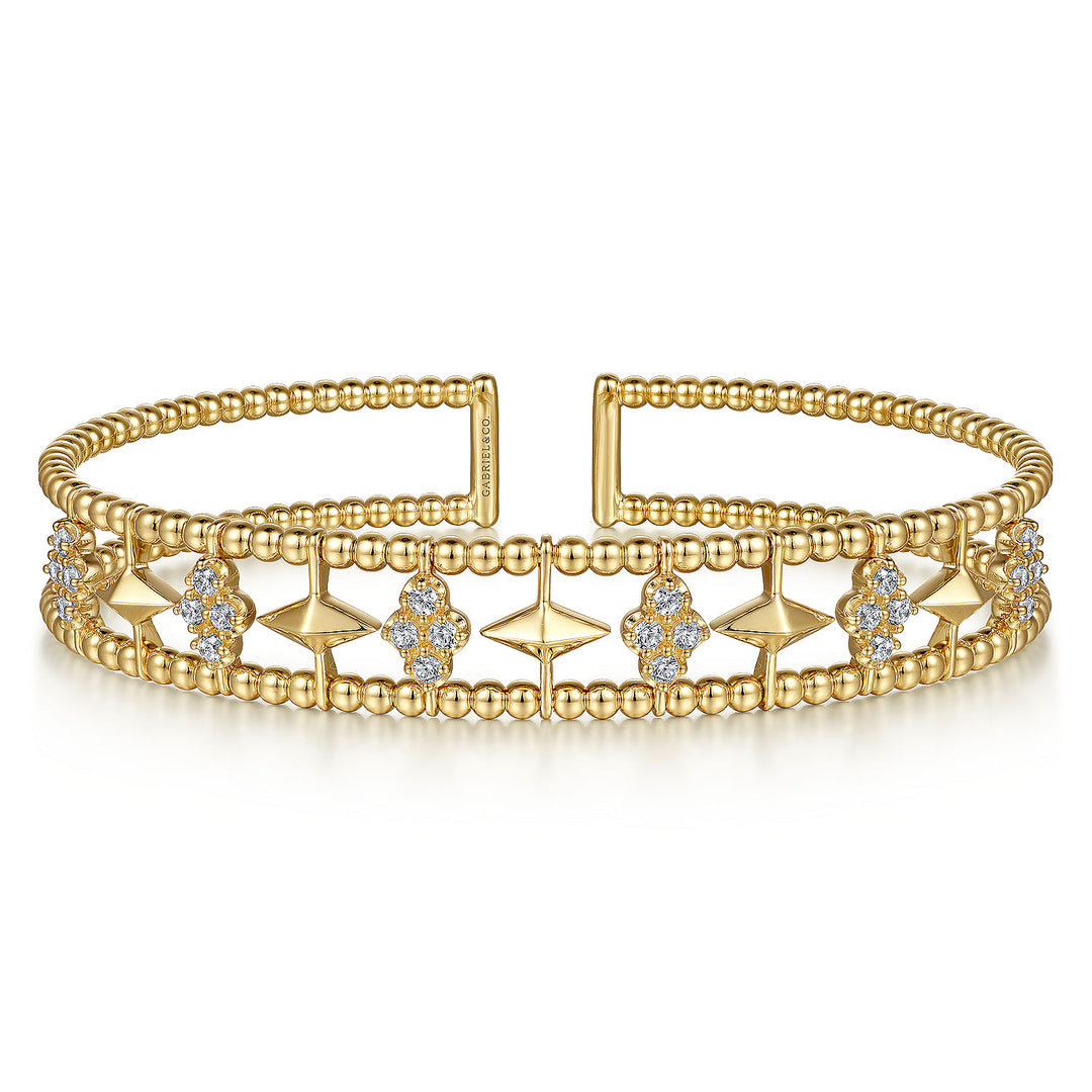 Gabriel & Co. BG4615 62Y45JJ 14K Yellow Gold Bujukan Bead Cuff Bracelet with Inner Diamond Cluster and Gold Pyramid Connectors.