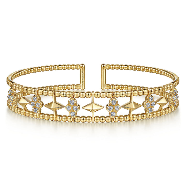 Gabriel & Co. BG4615 62Y45JJ 14K Yellow Gold Bujukan Bead Cuff Bracelet with Inner Diamond Cluster and Gold Pyramid Connectors.