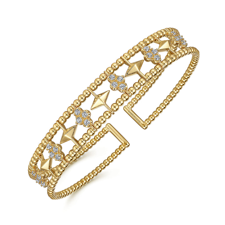 Gabriel & Co. BG4615 62Y45JJ 14K Yellow Gold Bujukan Bead Cuff Bracelet with Inner Diamond Cluster and Gold Pyramid Connectors.