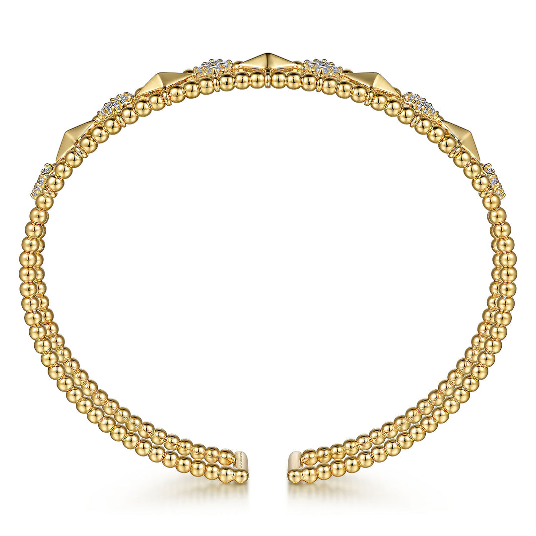 Gabriel & Co. BG4615 62Y45JJ 14K Yellow Gold Bujukan Bead Cuff Bracelet with Inner Diamond Cluster and Gold Pyramid Connectors.