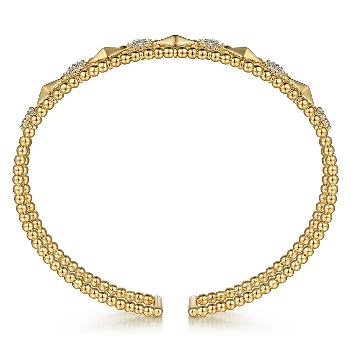 Gabriel & Co. BG4615 62Y45JJ 14K Yellow Gold Bujukan Bead Cuff Bracelet with Inner Diamond Cluster and Gold Pyramid Connectors.