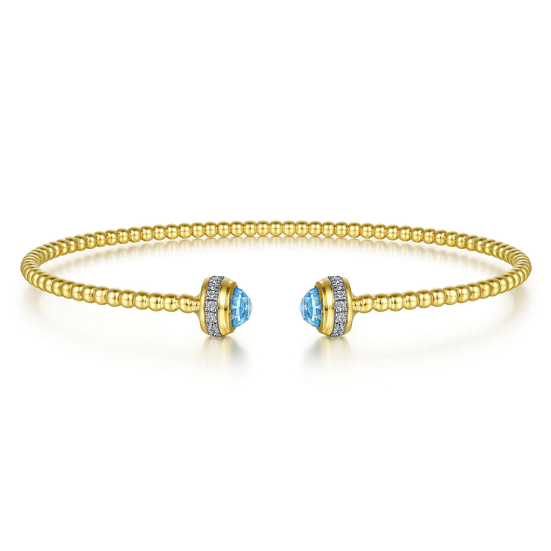 Gabriel & Co. BG4619 62Y45BT 14K Yellow Gold Diamond and Blue Topaz Bujukan Open Bangle