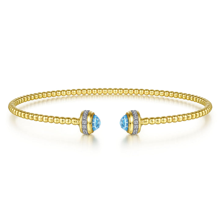 Gabriel & Co. BG4619 62Y45BT 14K Yellow Gold Diamond and Blue Topaz Bujukan Open Bangle