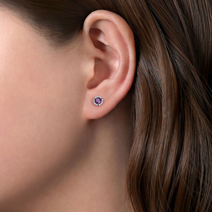 Gabriel & Co. EG12372W45AM 14K White Gold Round Amethyst and Diamond Halo Stud Earring