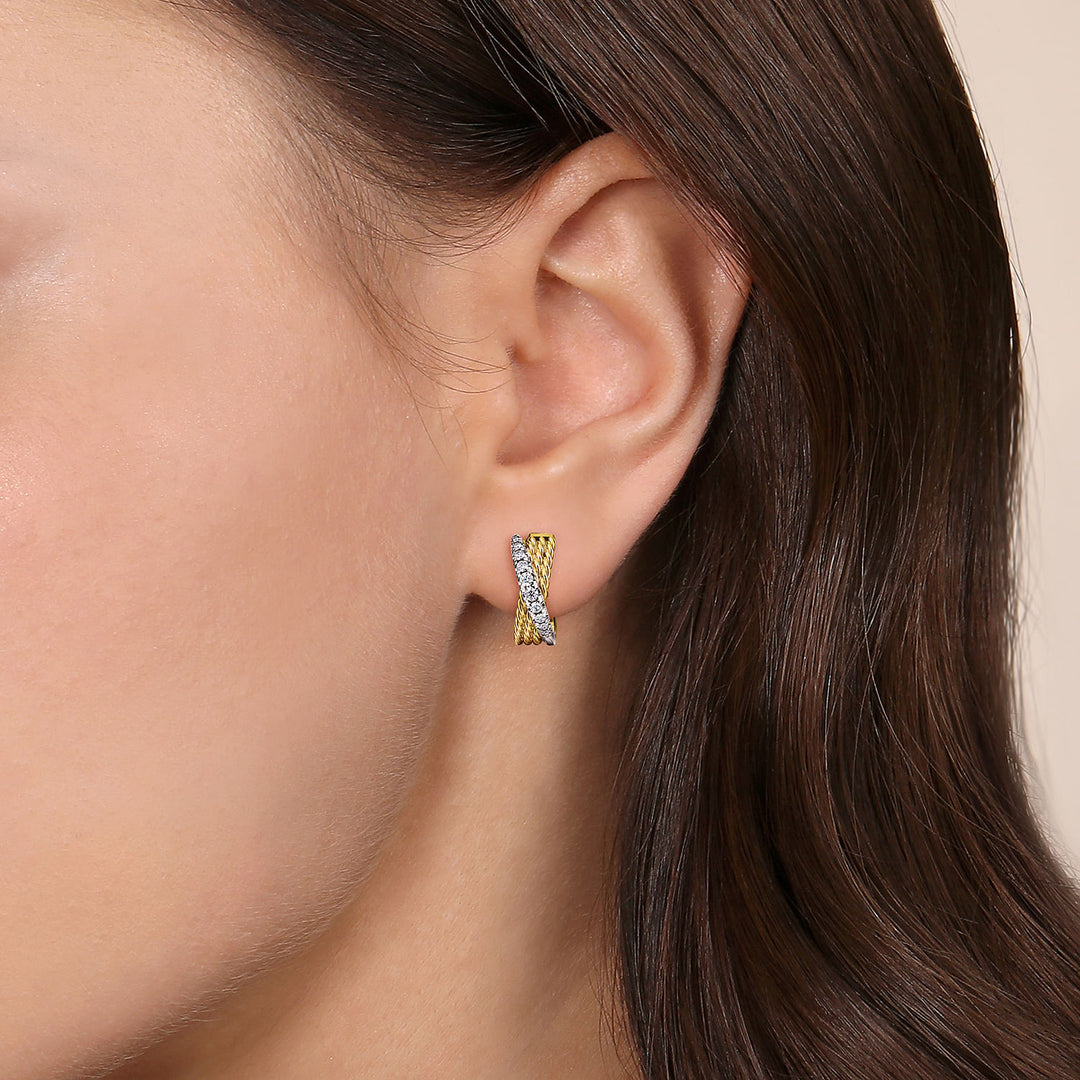 Gabriel & Co. EG13851M45JJ 14K Yellow White Gold Twisted 15mm Diamond Huggies