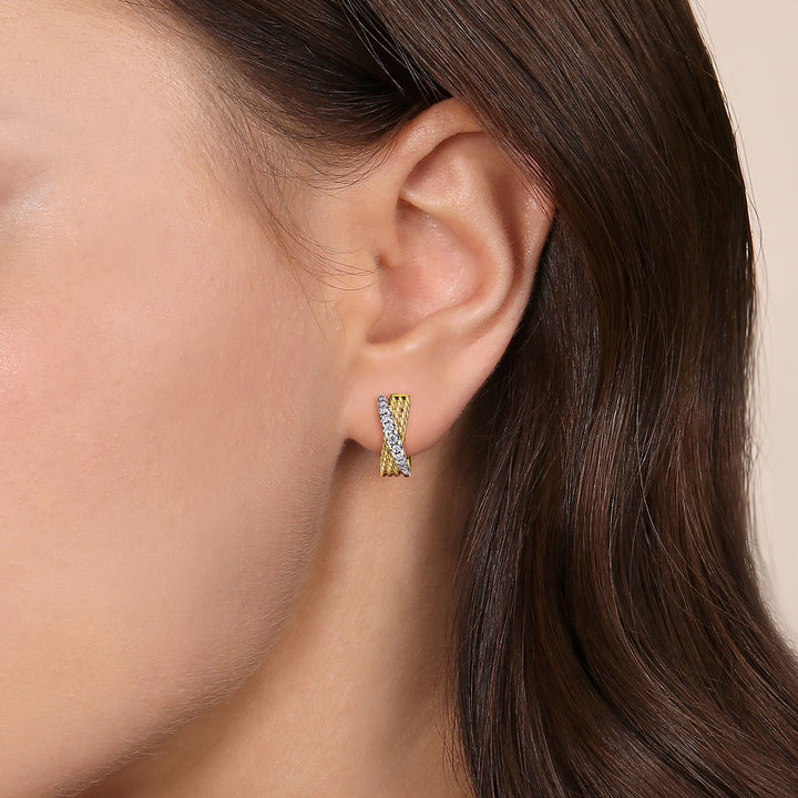 Gabriel & Co. EG13851M45JJ 14K Yellow White Gold Twisted 15mm Diamond Huggies