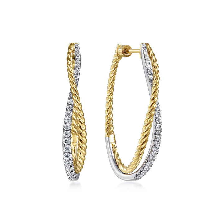 Gabriel & Co. EG13947M45JJ 14K Yellow White Gold Twisted 35mm Classic Diamond Hoop Earrings