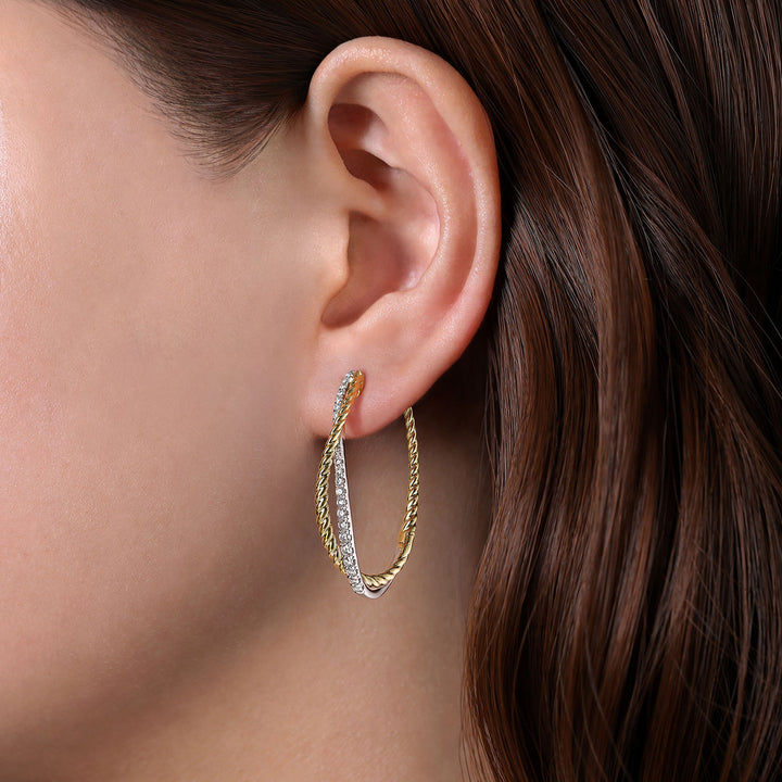 Gabriel & Co. EG13947M45JJ 14K Yellow White Gold Twisted 35mm Classic Diamond Hoop Earrings