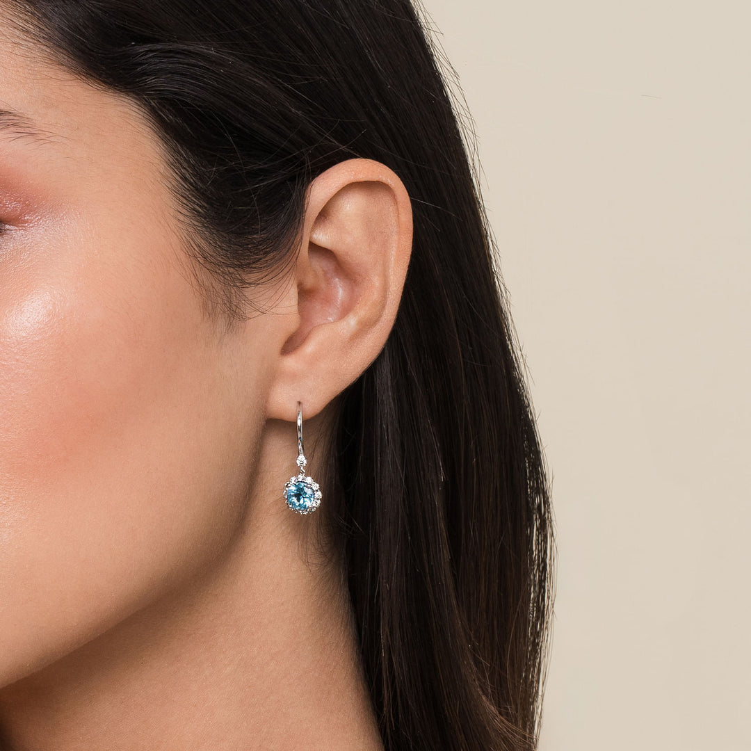 Gabriel & Co. EG14267W45BT 14K White Gold Round Blue Topaz and Diamond Halo Drop Earrings
