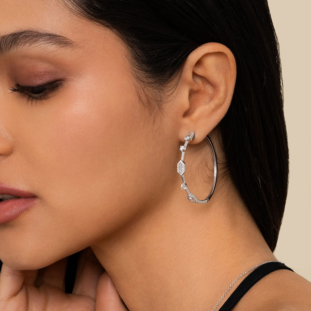 Gabriel & Co. EG14276W44JJ 14K White Gold 40mm Diamond Baguette and Round Station Classic Hoop Earrings