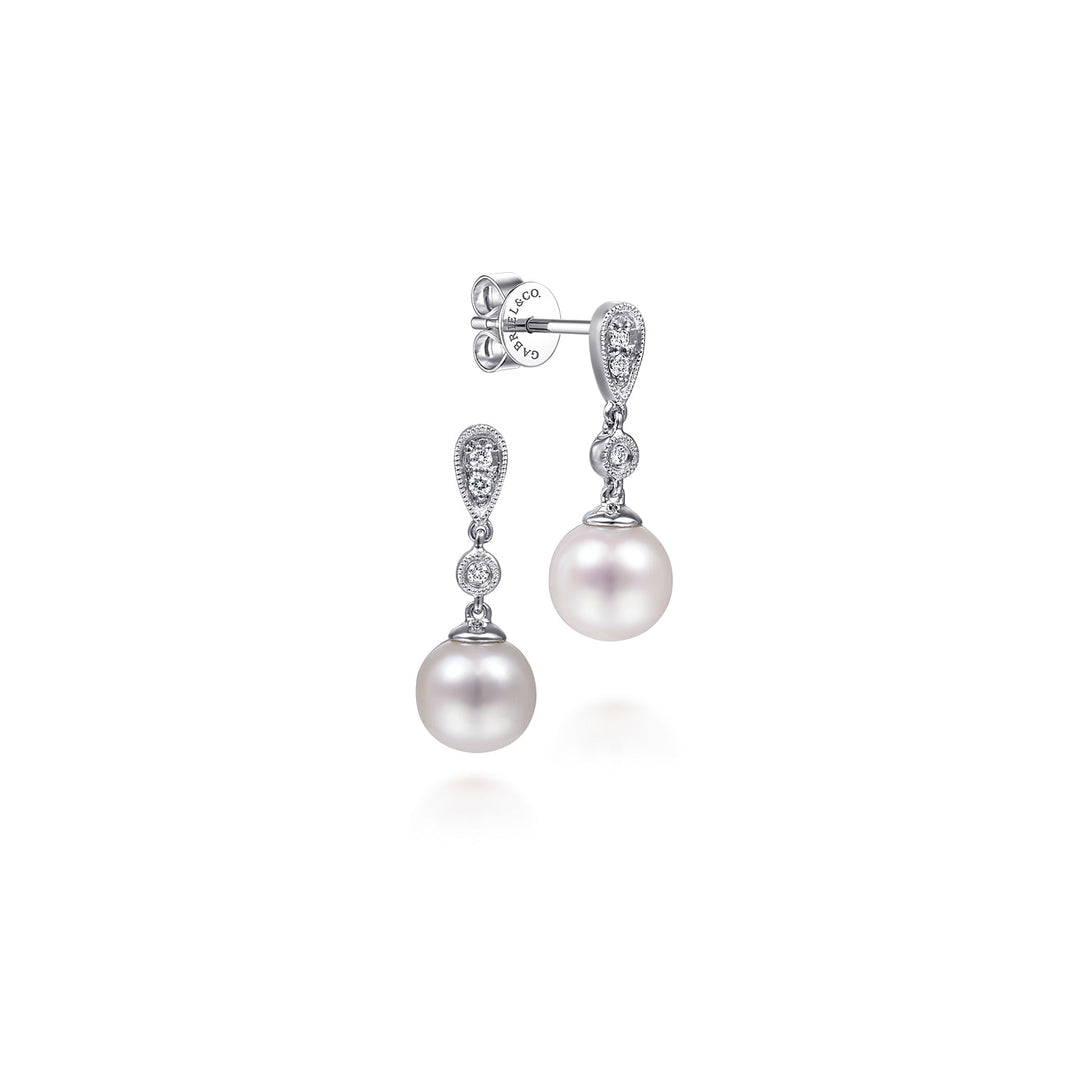 Gabriel & Co. EG9902W45PL 14K White Gold Vintage Inspired Style Diamond Pearl Drop Earrings