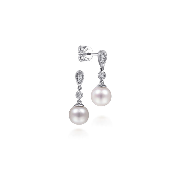 Gabriel & Co. EG9902W45PL 14K White Gold Vintage Inspired Style Diamond Pearl Drop Earrings
