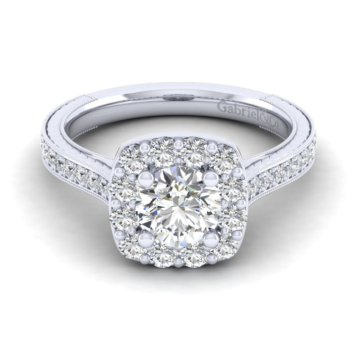 Gabriel & Co. ER11585W44JJ Vintage Inspired 14K White Gold Round Halo Diamond Engagement Ring