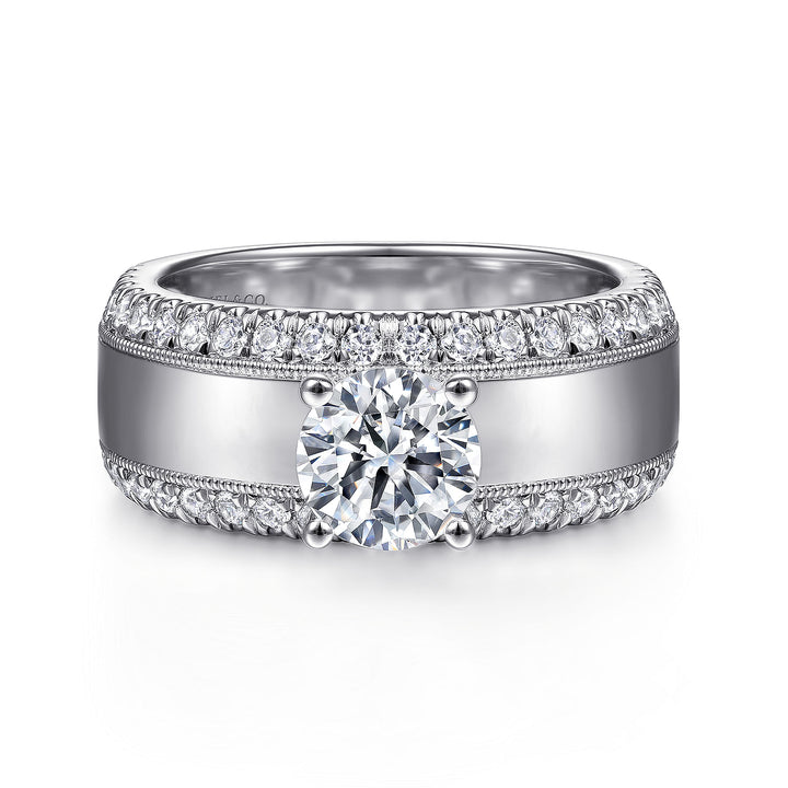 Gabriel & Co. ER14611R4W44JJ 14K White Gold Round Diamond Wide Band Engagement Ring