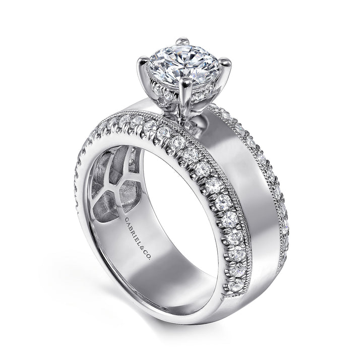 Gabriel & Co. ER14611R4W44JJ 14K White Gold Round Diamond Wide Band Engagement Ring