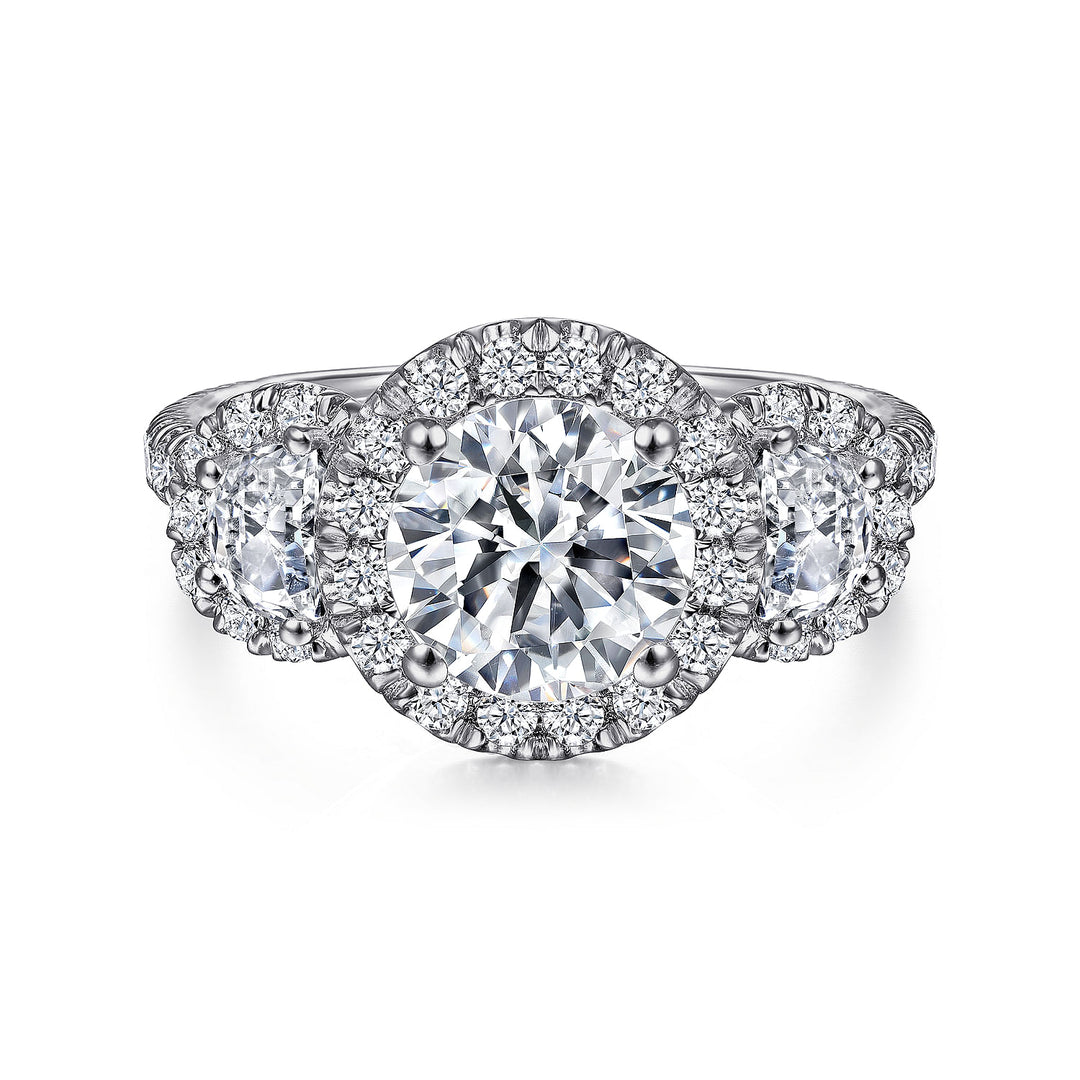 Gabriel & Co. ER6744W83JJ 18K White Gold Round Three Stone Halo Diamond Engagement Ring