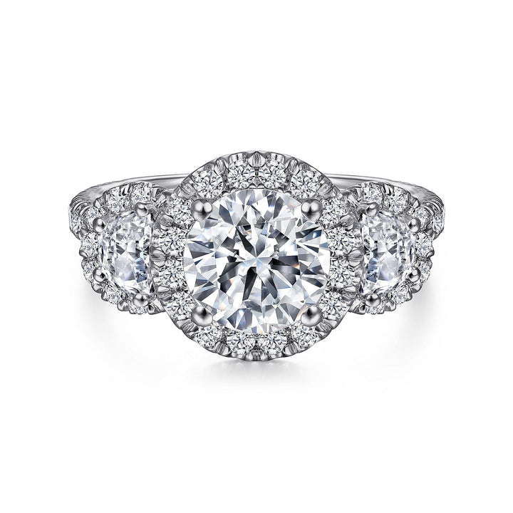 Gabriel & Co. ER6744W83JJ 18K White Gold Round Three Stone Halo Diamond Engagement Ring