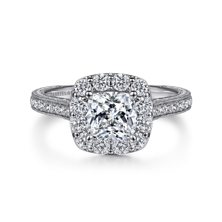 Gabriel & Co. ER7500W44JJ Vintage Inspired 14K White Gold Cushion Halo Diamond Engagement Ring