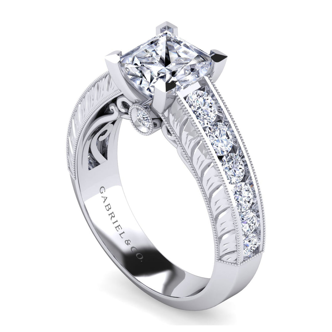 Gabriel & Co. ER8747S8W44JJ Vintage Inspired 14K White Gold Wide Band Princess Cut Diamond Engagement Ring