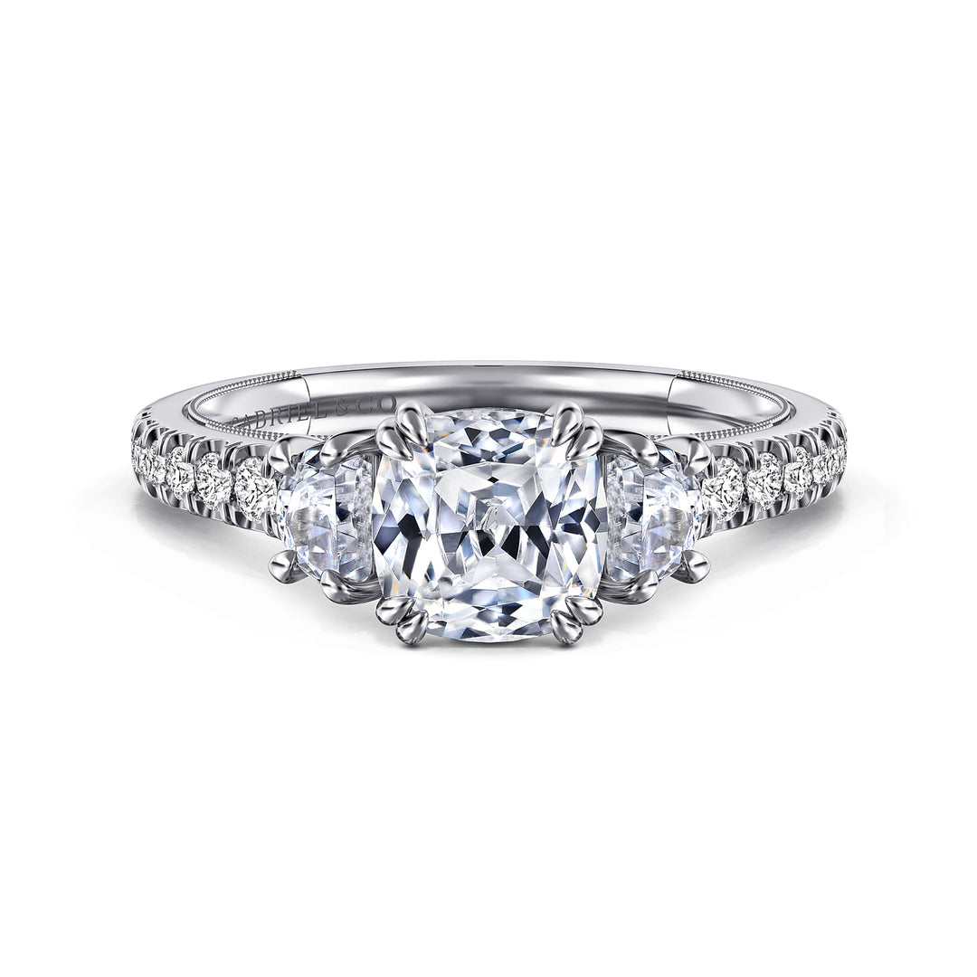 Gabriel & Co. ER9186W44JJ 14K White Gold Cushion Cut Three Stone Diamond Engagement Ring