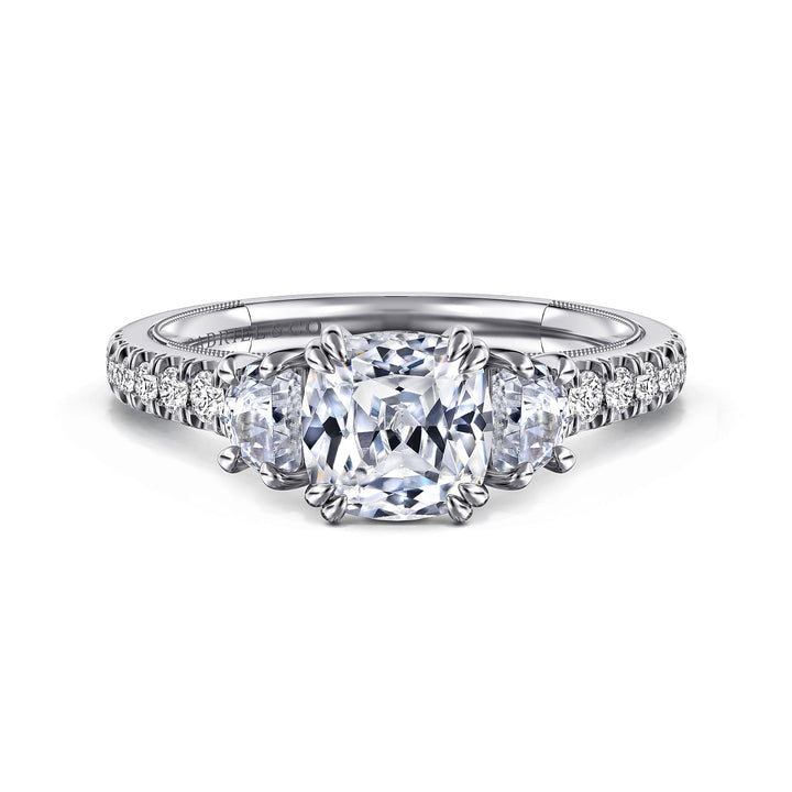 Gabriel & Co. ER9186W44JJ 14K White Gold Cushion Cut Three Stone Diamond Engagement Ring