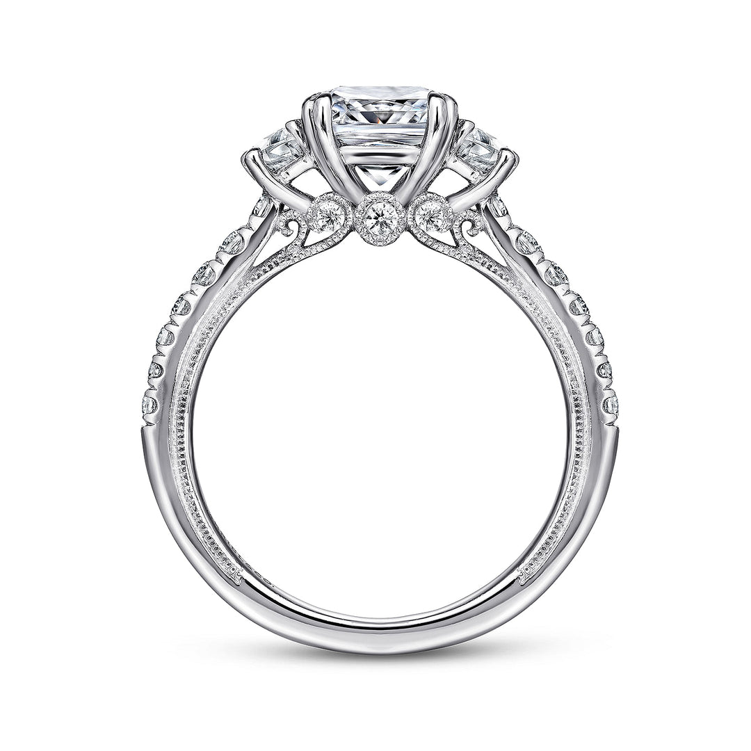Gabriel & Co. ER9186W44JJ 14K White Gold Cushion Cut Three Stone Diamond Engagement Ring