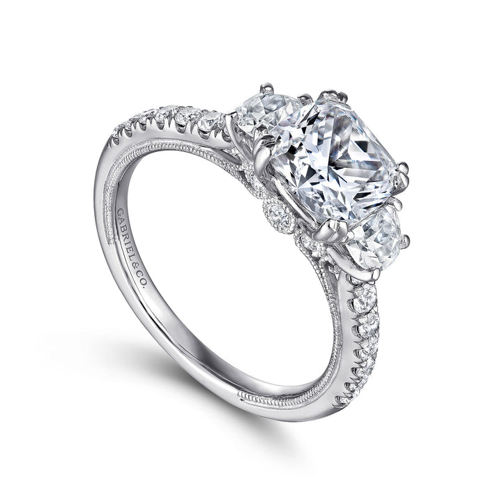 Gabriel & Co. ER9186W44JJ 14K White Gold Cushion Cut Three Stone Diamond Engagement Ring