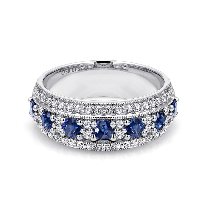 Gabriel & Co. LR4503W44SA 14k White Gold Vintage Inspired Alternating Sapphire and Diamond Band