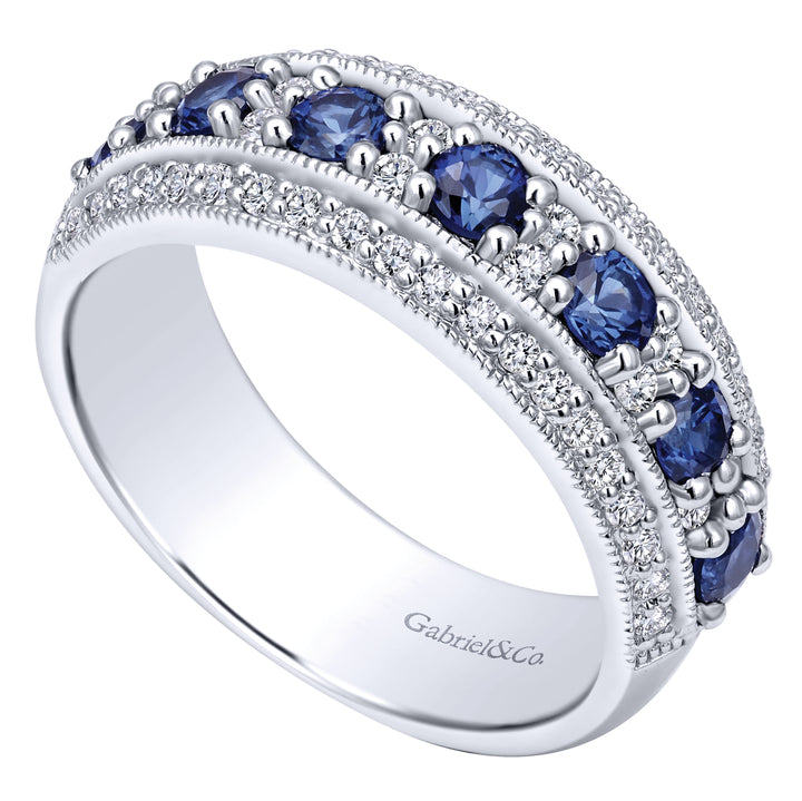 Gabriel & Co. LR4503W44SA 14k White Gold Vintage Inspired Alternating Sapphire and Diamond Band