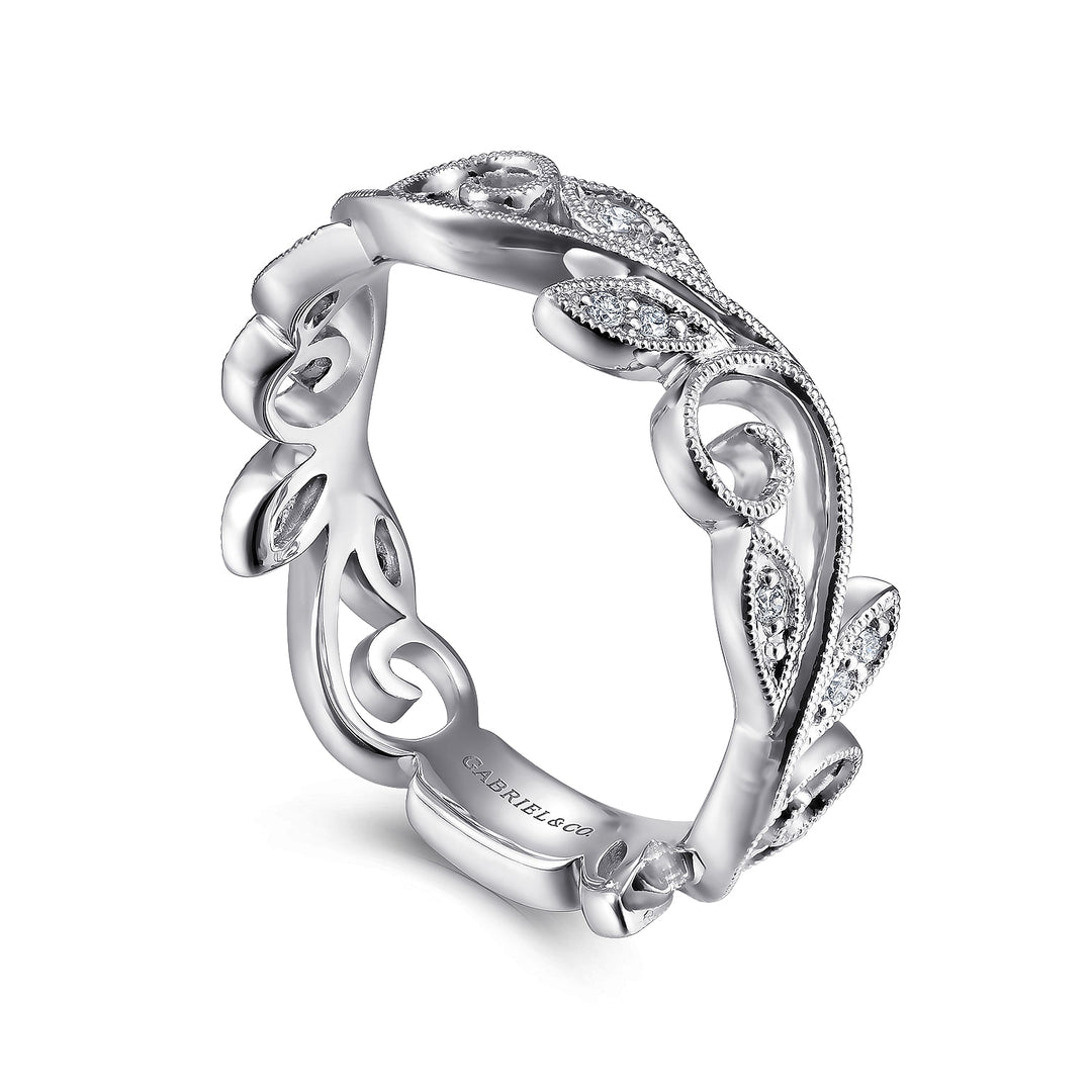 Gabriel & Co. LR4593W45JJ 14K White Gold Scrolling Floral Diamond Ring