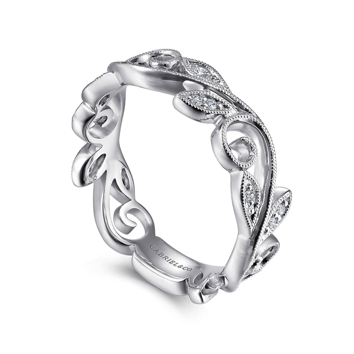 Gabriel & Co. LR4593W45JJ 14K White Gold Scrolling Floral Diamond Ring