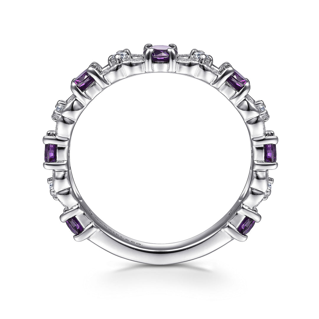 Gabriel & Co. LR4928W45AM 14K White Gold Alternating Amethyst and Diamond Station Ring