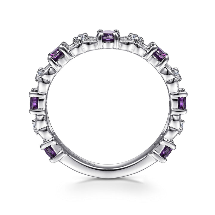 Gabriel & Co. LR4928W45AM 14K White Gold Alternating Amethyst and Diamond Station Ring
