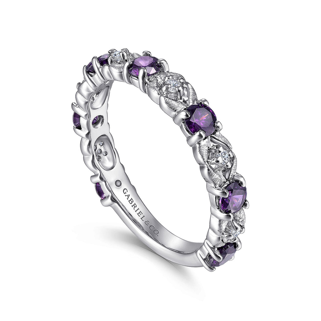 Gabriel & Co. LR4928W45AM 14K White Gold Alternating Amethyst and Diamond Station Ring