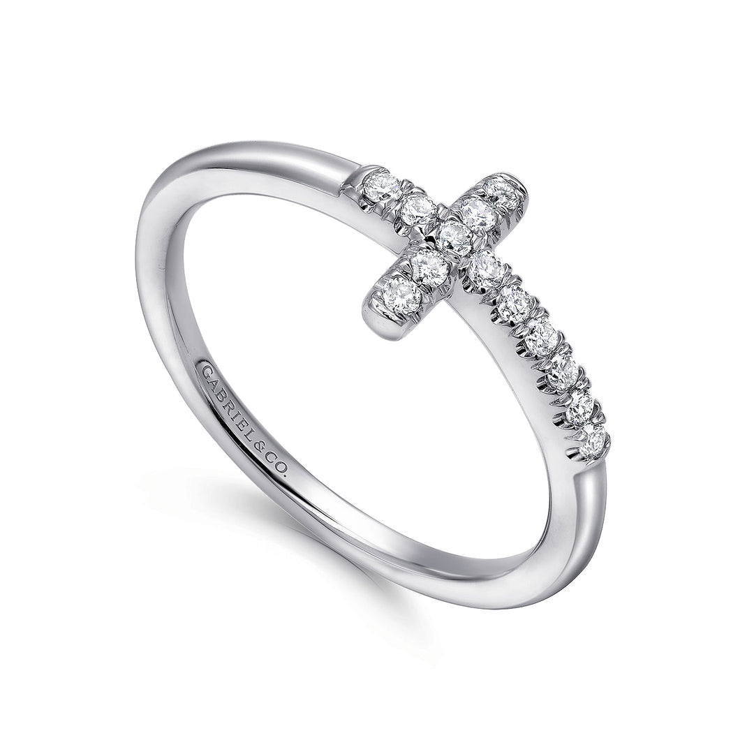 Gabriel & Co. LR50221W45JJ 14K White Gold Sideways Diamond Cross Ring
