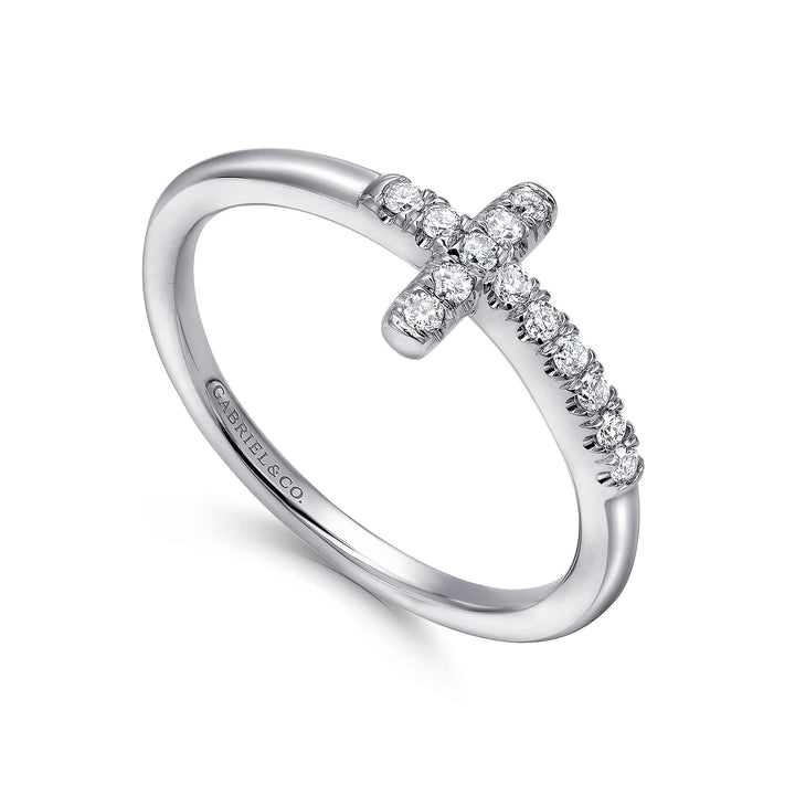 Gabriel & Co. LR50221W45JJ 14K White Gold Sideways Diamond Cross Ring